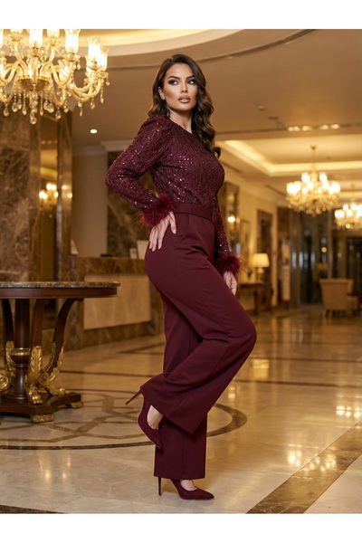 1Moda1Tarz Women's Imported Fabric Sequined Belted Sleeves Otrish Detail Lined Special Design Jumpsuit