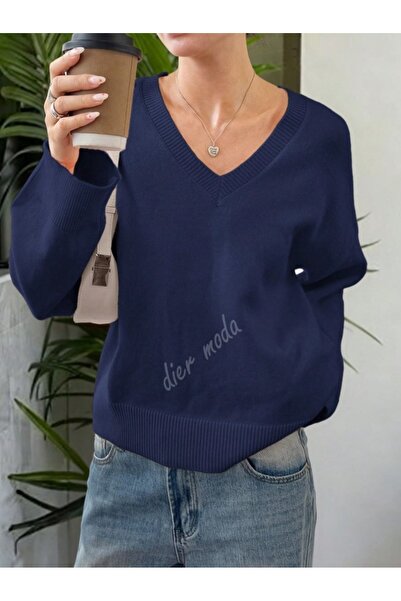 Dier Moda Дамски пуловер с V-образно деколте в тъмносин цвят, пуловер Fmoda1970