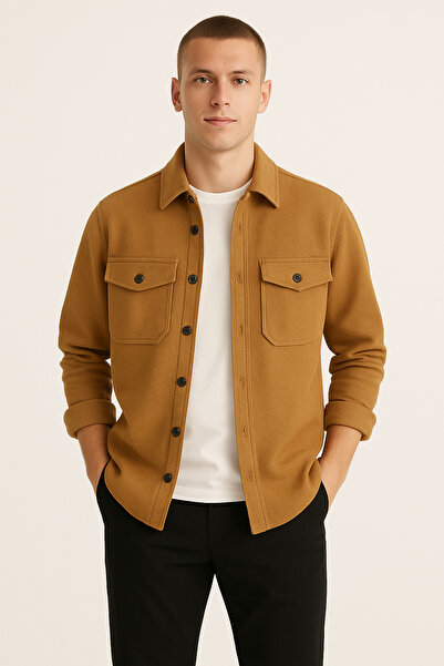 mavisima erkek giyimi Men's Camel Cashmere Lumberjack Style Shirt Jacket – Comfortable Fit New Season Winter Fashion Trend