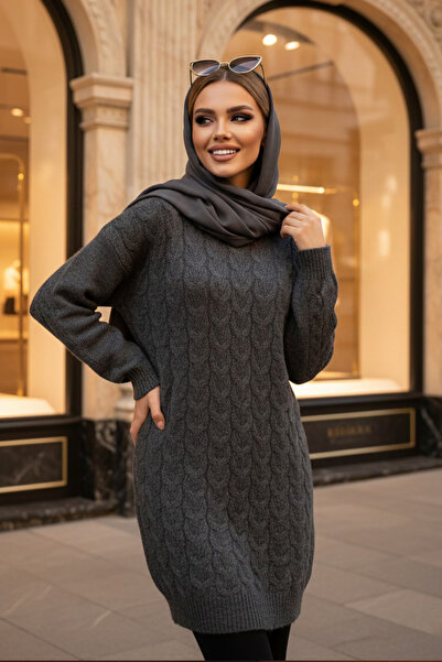 N.S NEVA STYLE Knitted Detailed Anthracite Hijab Knitwear Sweater Tunic 8652Ant