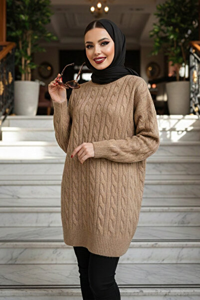 N.S NEVA STYLE Knitted Detailed Camel Hijab Knitwear Sweater Tunic 8263C