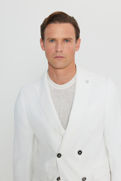 ALTINYILDIZ CLASSICS Men's Ecru Slim Fit Slim Fit Swallow Collar Blazer Jacket with Flap Pockets