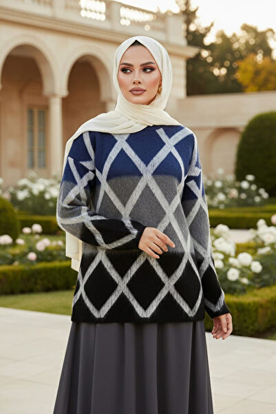 N.S NEVA STYLE Blok Renkli İndigo Mavisi Tesettür Triko Kazak Tunik 87381IM