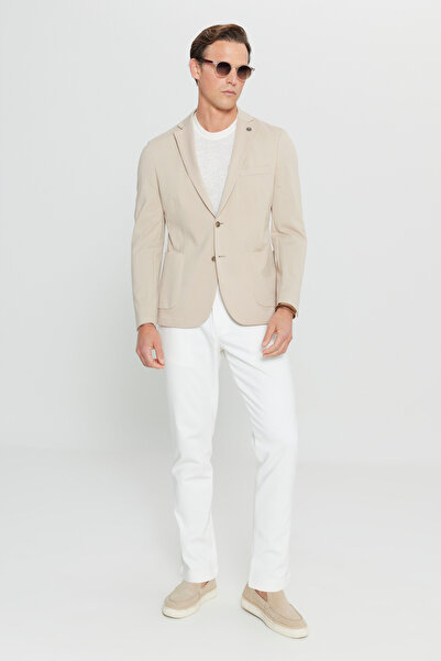ALTINYILDIZ CLASSICS Men's Beige Cotton Slim Fit Slim Fit Dobby Stretch Blazer Jacket with Pocket
