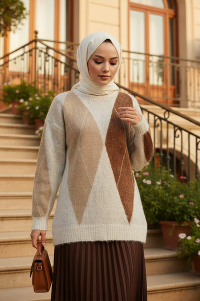 N.S NEVA STYLE Πλεκτό πουλόβερ με μπεζ μοτίβο μπακλαβά 8740BEJ