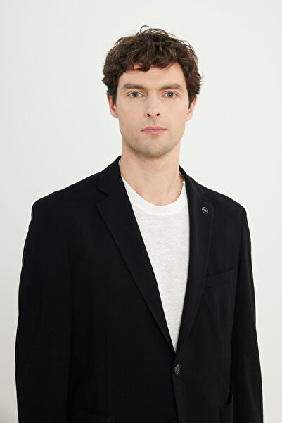 ALTINYILDIZ CLASSICS Men's Black Cotton Slim Fit Slim Fit Dobby Stretch Blazer Jacket with Pocket