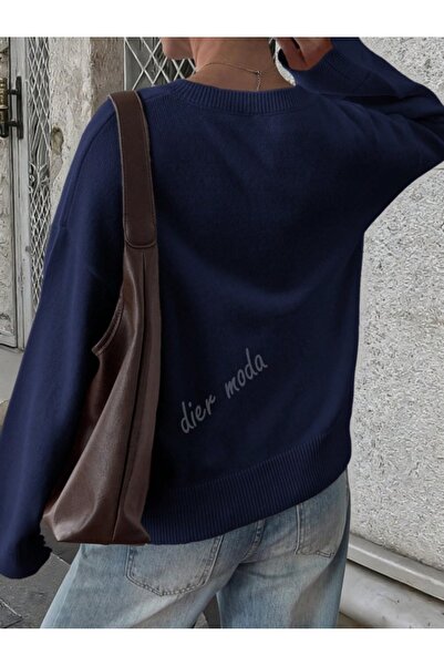 Dier Moda Дамски пуловер с V-образно деколте в тъмносин цвят, пуловер Fmoda1970