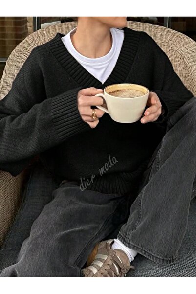 Dier Moda Γυναικείο πλεκτό πουλόβερ με λαιμόκοψη σε μαύρο χρώμα oversized , πλεκτό πουλόβερ Fmoda1970