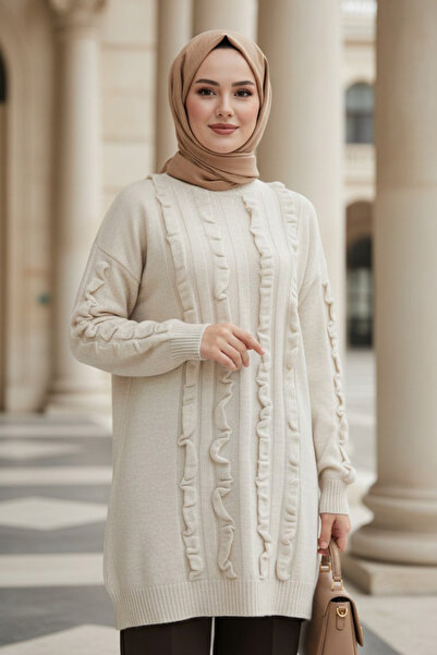 N.S NEVA STYLE Beige Hijab Knitwear Sweater Tunic 87703Bej