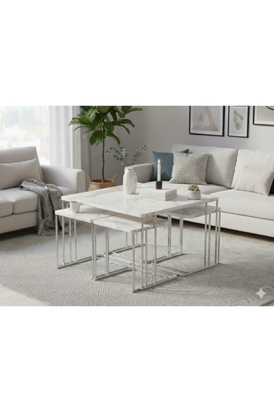 usta mekan Seul 5 li Tekerli Gümüş Beyaz Mermer Desen Yavrulu 4+1 Kare Orta S...