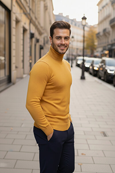 NAZEF Slim Fit 50% Cotton Yellow Turtleneck Sweater