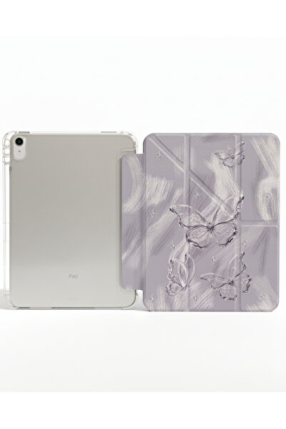 Fibaks iPad 11 A16 2025 10Th Generation 10.9 Case Light Purple Background Artistic Butterfly Pattern Transparent with Pen Compartment
