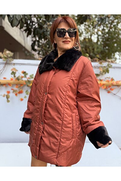 DenizEge Brooched Fur Collar Coat Cinnamon