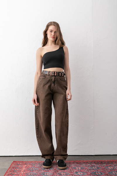 Pantastic Jeans Ang Wi̇de Balon Metallic Brown Stretchy Women's Jeans