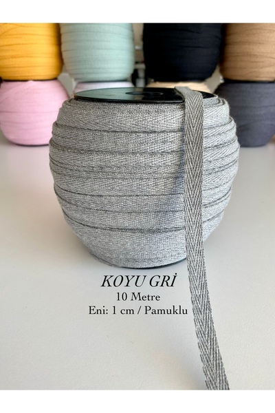seyranat 10 Metre Eni 1 Cm Koyu Gri %100 Pamuklu Dar Dokuma-Balıksırtı Biye-Şerit-Ekstrafor-Dikiş Kapatıcı
