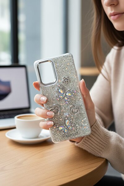 batuteknoloji Xiaomi Redmi Note 10 Pro Kelebek ve Kalp Kabartmalı Simli Taşlı BTU Şeffaf Silikon Kapak