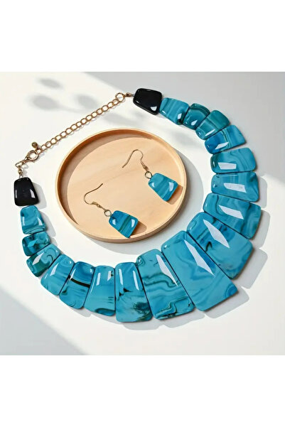 set.up Blue Color Glass Model Natural Stone Necklace Earring Set
