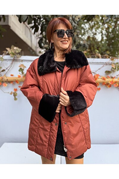 DenizEge Brooched Fur Collar Coat Cinnamon