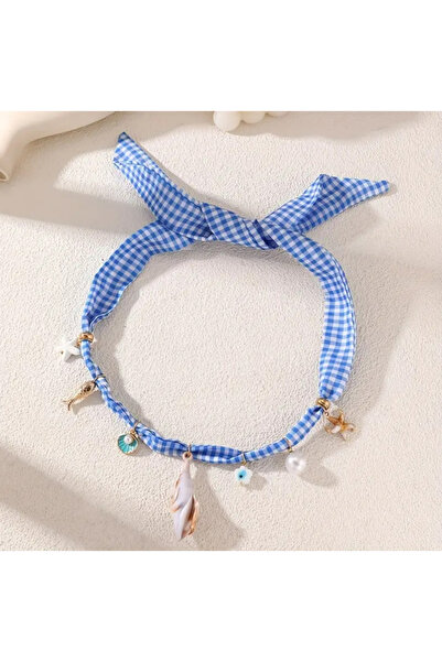 set.up MAVİ BANDANA MODEL DENİZ KABUK DETAYLI CHARMLI KOLYE