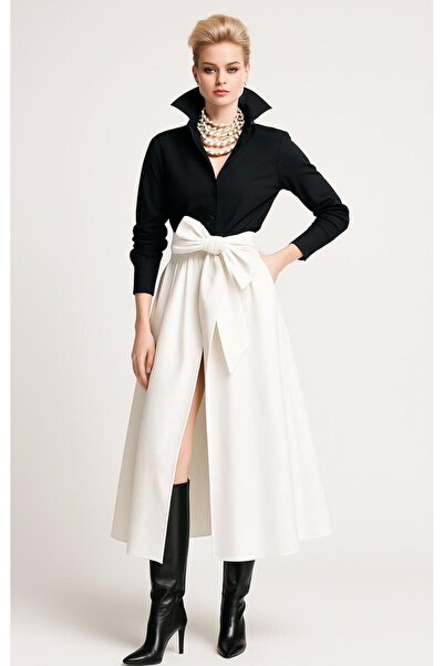 ALYEL NAKER فستان قميص أنيق من التفتا بطول ميدي مع حزام