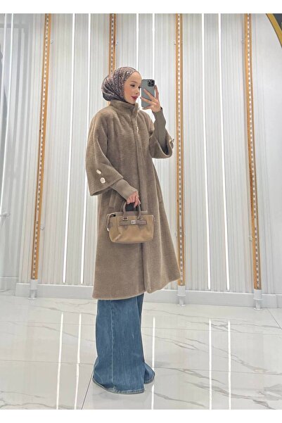 QUMRU Angora Kumaş Kolu Ribanalı Vizon Kadın Kaban