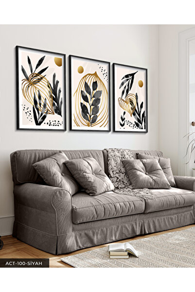 Evinemoda Boho stil akvarela, izgled crnog lista, 3-dijelna slika u crnom drv...