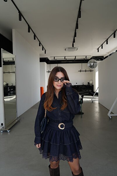 Özge Özgenç Джинсова сукня з мереживною талією, з мереживними рукавами та подолом