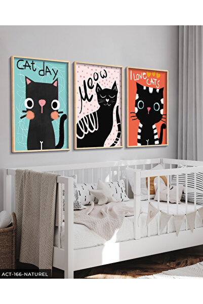 Evinemoda Cute Kara pisică ler Tablou înrămat cu lemn din 3 piese ACT
