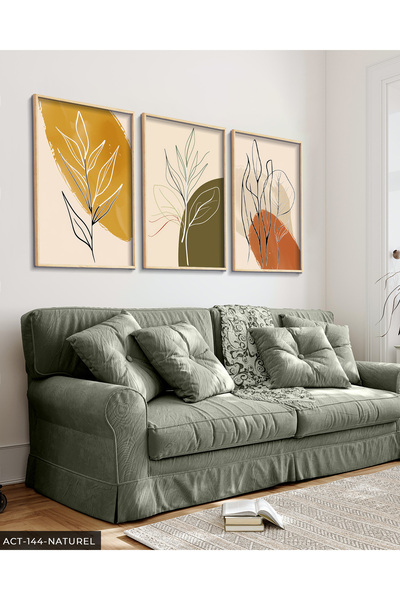 Evinemoda Minimalist Botanik Sanat 3 Parça Ahşap Çerçeveli Tablo ACT