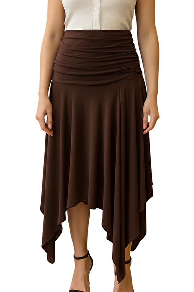 Qualia Butik تنورة نسائية متوسطة الطول بخصر مطاطي غير متماثل منسدل