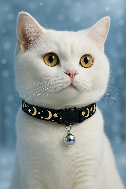 PAWNEST Black Crescent Moon Star Patterned Cat Collar – Rattle, Adjustable, S...