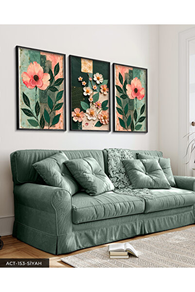 Evinemoda Renkli Zeminde Pembe Çiçekler 3 Parça Siyah Ahşap Çerçeveli Tablo ACT