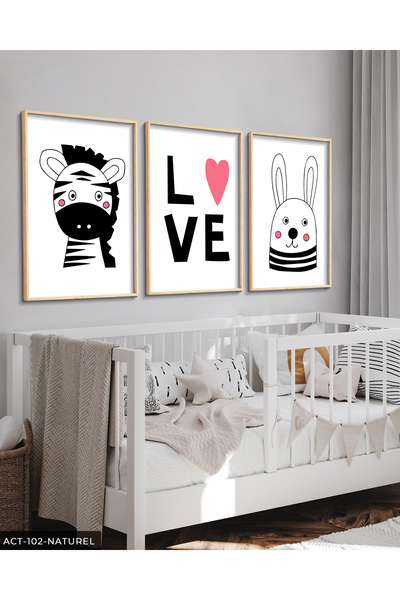 Evinemoda Slika u drvenom okviru sa životinjskim temama za dečiju sobu, 3 dela