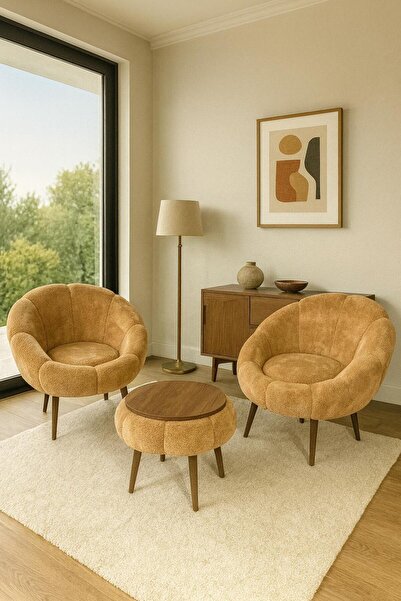 KOKİ DESİGN LİDA Kahverengi Wellsoft Peluş Kumaş İkili Berjer Seti ÖZEL SEHPA...