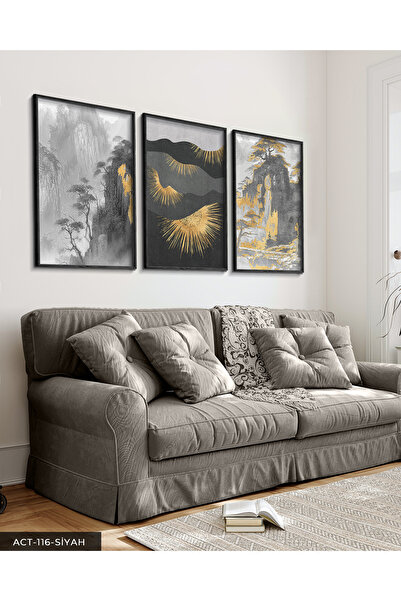 Evinemoda Gold Detaylı Modern Sanat 3 Parça Siyah Ahşap Çerçeveli Tablo ACT