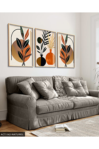 Evinemoda Boho Tarzında Vazoda Yapraklar 3 Parça Ahşap Çerçeveli Tablo ACT