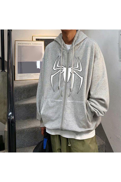 Vestiti Spider Pattern Cardigan - Gray Printed Winter Oversize Hooded Cardigan with Zipper Pocket Detail