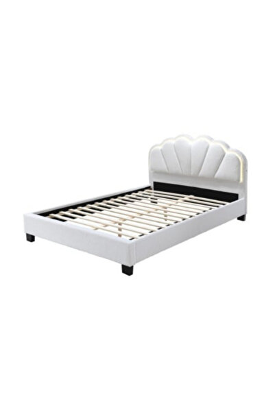 OEM Comfort 2 upholstered bed with LED, 140x200, wooden frame with fixed slatted base, Cream color