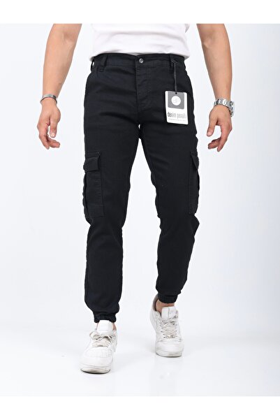 Penaltı Men's Cargo Pocket Pack Gabardine Black Trousers with Elasticated Legs