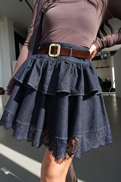 Özge Özgenç Джинсова міні-спідниця з мереживною обробкою та поясом на талії