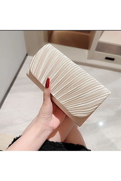 bag and shine Kadın Kadife Pileli Parlak Kumaş Şık Abiye Çanta