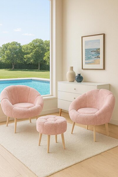 KOKİ DESİGN LİDA Pembe Wellsoft Peluş Kumaş İkili Berjer Seti PAPATYA PUF HEDİYE