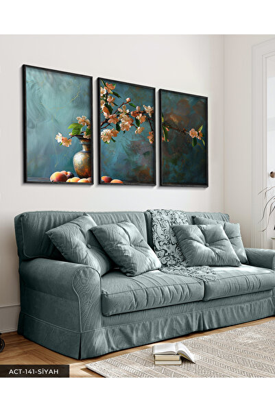 Evinemoda Yağlı Boya Görünümlü Kiraz Çiçekleri 3 Parça Siyah Ahşap Çerçeveli ...