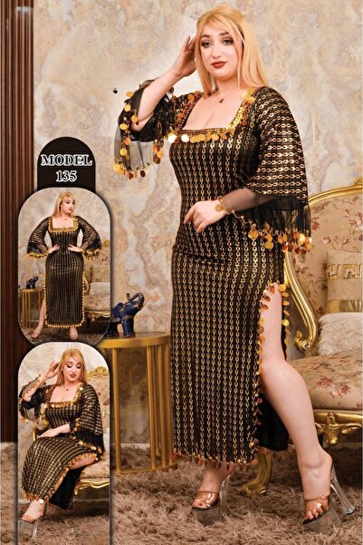 TREN Embellished Black Gold Maxi Dress Plus Size Square Neck 3/4 Sleeve Formal Evening Wedding Guest