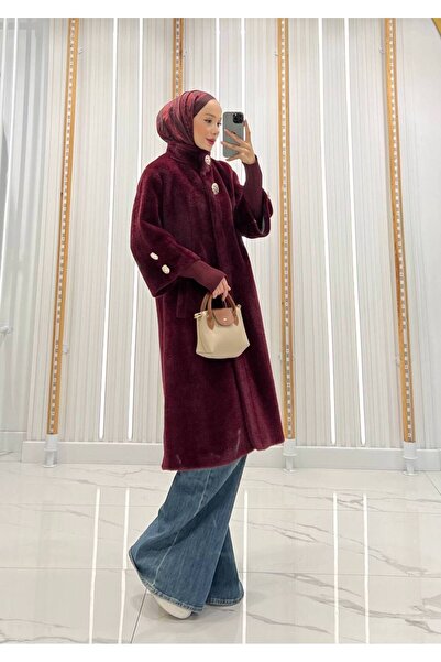 QUMRU Angora Kumaş Kolu Ribanalı Bordo Kadın Kaban