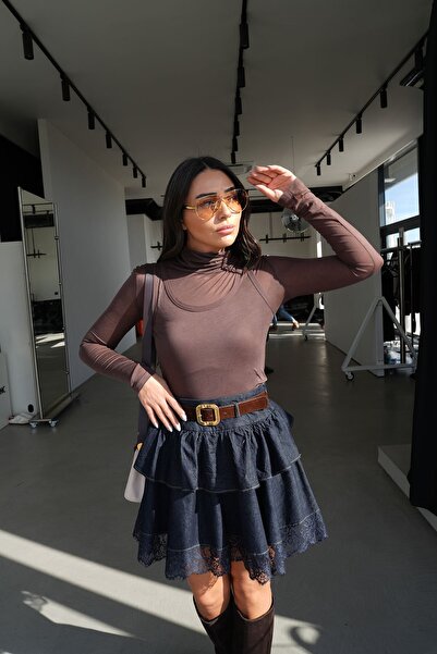 Özge Özgenç Джинсова міні-спідниця з мереживною обробкою та поясом на талії