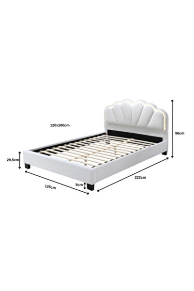 OEM Comfort 2 upholstered bed with LED, 120x200, wooden frame with fixed slatted base, Cream color