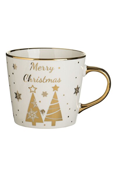 OEM Ecru Triangular Ceramic Mug with Golden Fir Trees Pattern 415ml