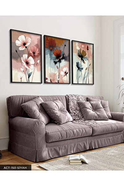 Evinemoda Elegantno cveće na šarenoj podlozi, 3-dijelna crna slika u drvenom ...