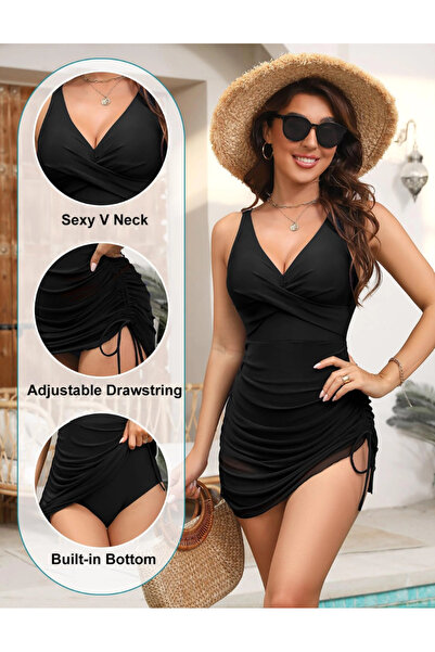 TUOPUDA One Piece Swimsuit Women's V-Neck Push Up Tummy Control Swimwear Black M